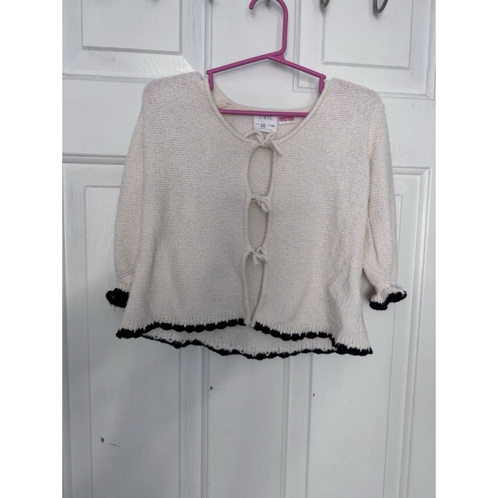 ZARA Kids Girls 4 5 Ecru Knit Cardigan with Contrast Black Trim Tie Bow Closure